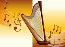 #ParaTodosLerem: Ilustração contendo tons variados nas cores amarela e laranja e notas musicais ao redor de uma harpa localizada ao centro.